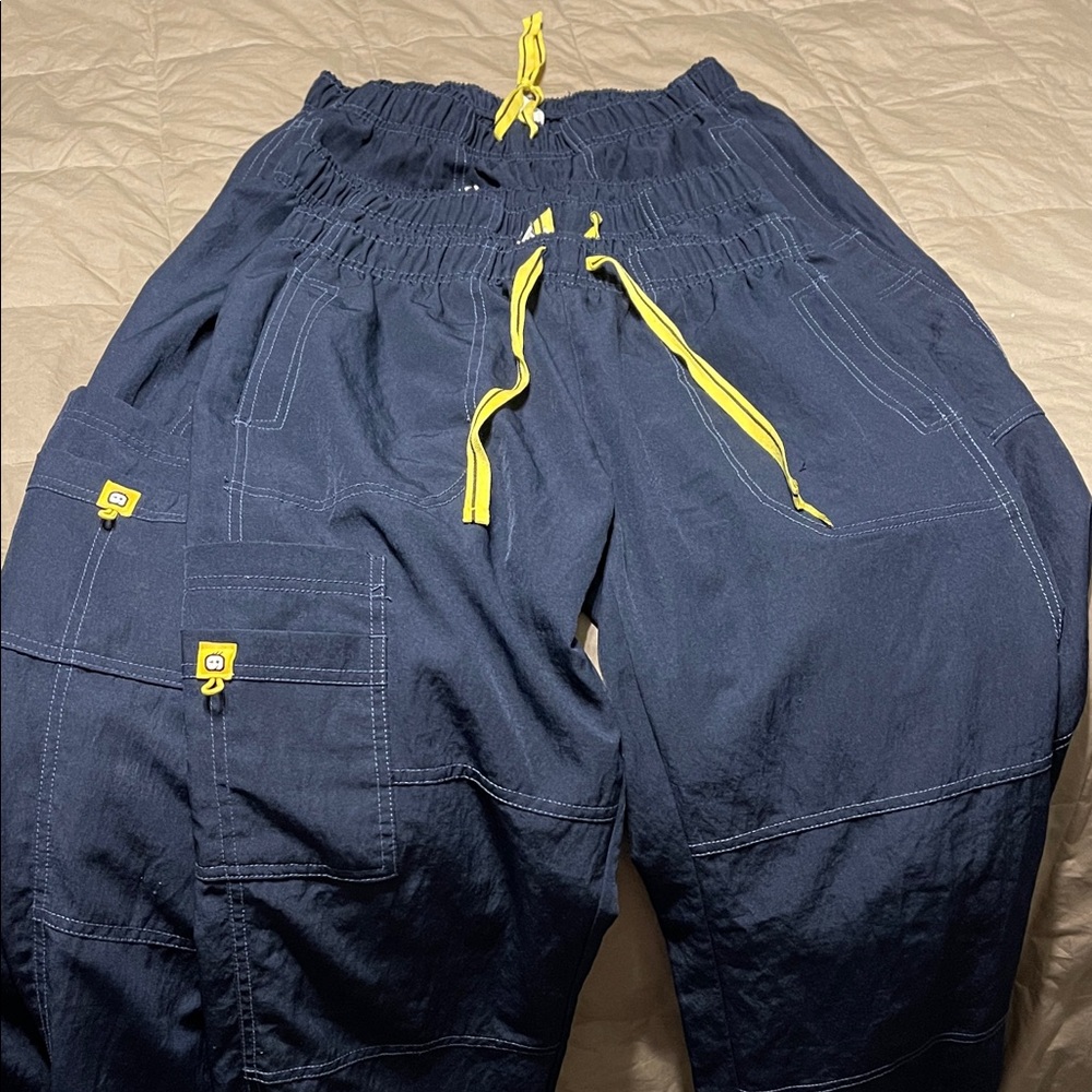 3 pair WonderWink Navy Scrub Cargo Pants with Yellow Drawstrings